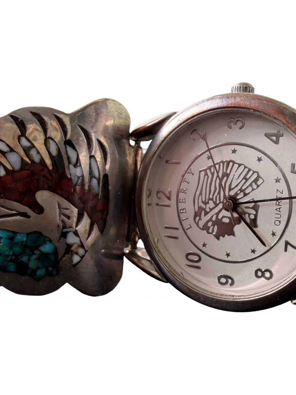 VTG RARE Native American Signed TIC Watch Band Cuff Chief Thunderbird Turquoise